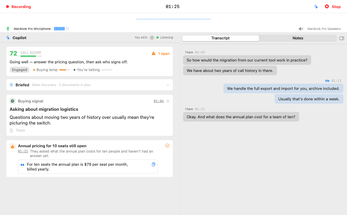 Parrot during a call: the copilot with a call score, a buying signal and a pinned pricing question with its answer, next to the live transcript