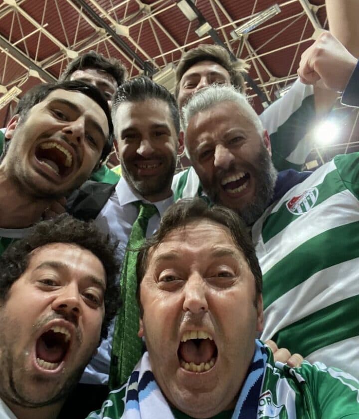 Uygar and friends in Bursaspor shirts, shouting for joy after a match