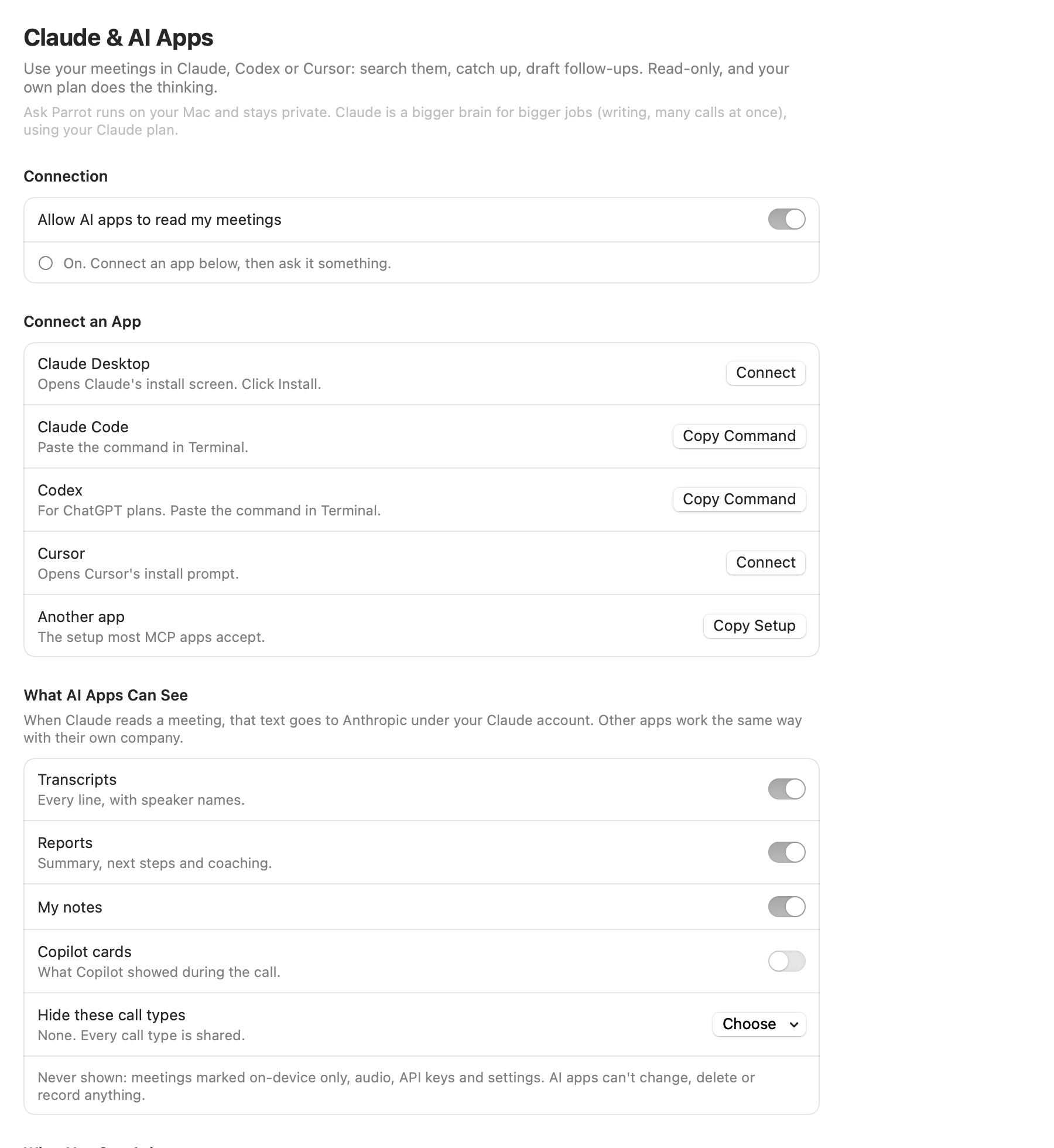 The Claude & AI Apps page: the switch, connect buttons and what AI apps can see