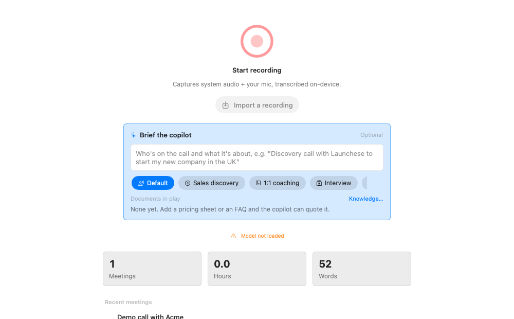The dashboard: record button, profile chips, stats and recent meetings