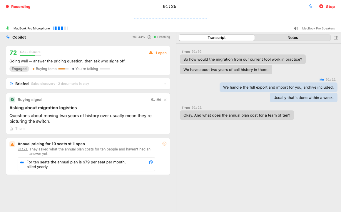 The live call screen: header, device bar, Copilot panel on the left, transcript on the right