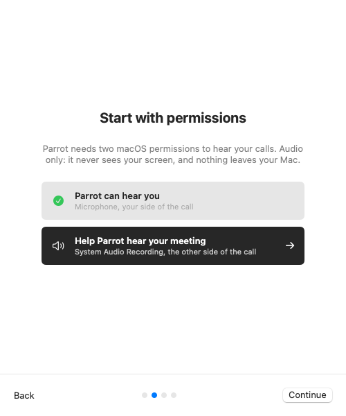 The permissions step during onboarding