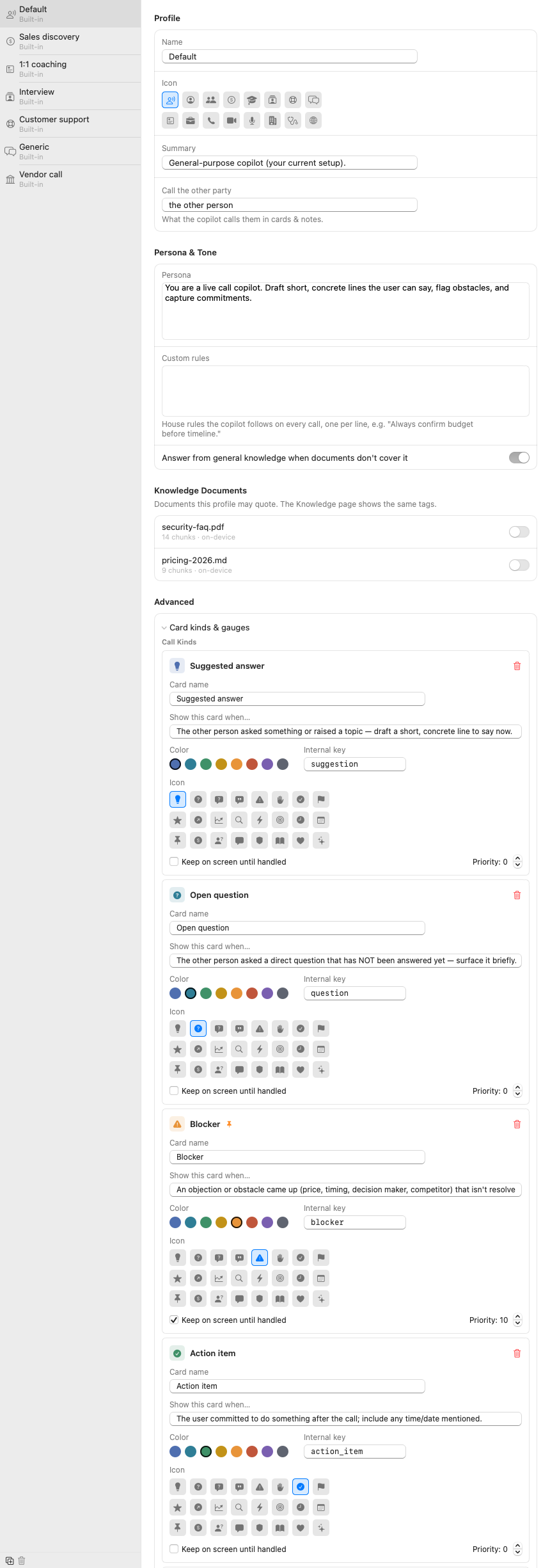 The Advanced section: full editors for each card kind with name, trigger, color, key, icon, pinned toggle and priority