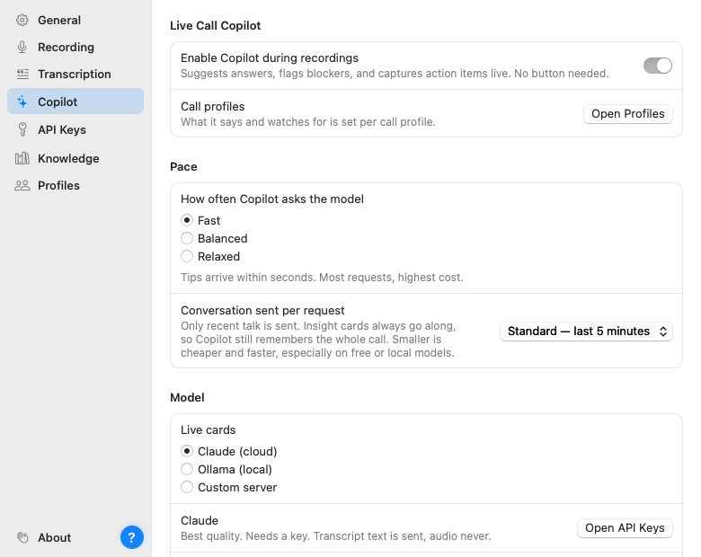 The Copilot settings page: enable toggle, pace, window and model pickers