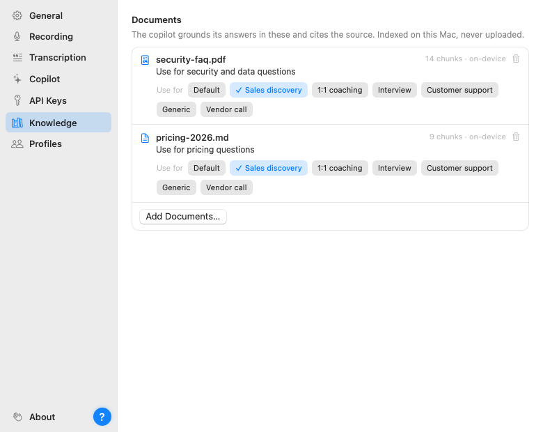 The Knowledge settings page