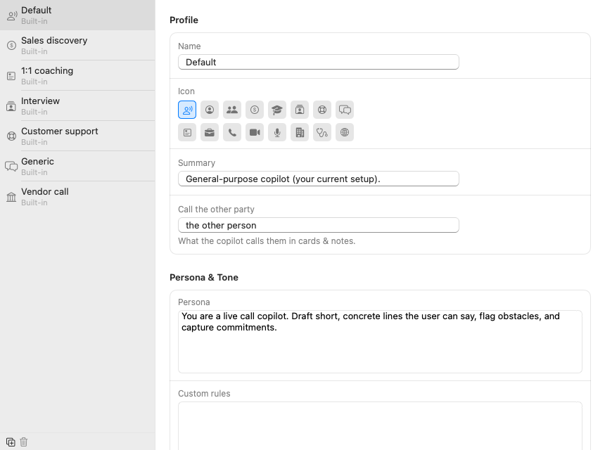The Profiles page: profile list on the left, editor on the right