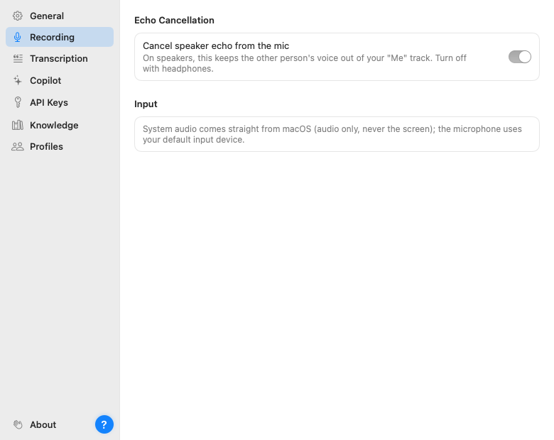 The Recording settings page