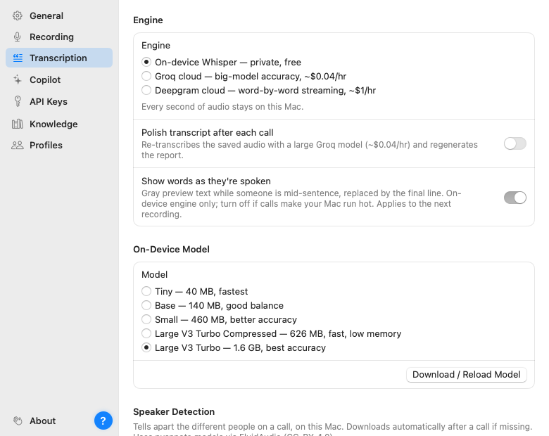 The Transcription settings page