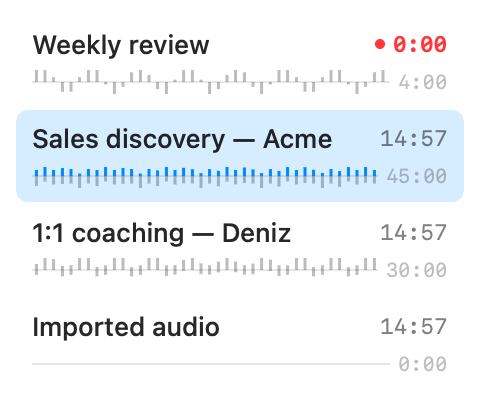 Parrot's meeting list with waveforms